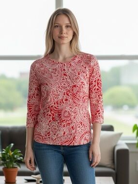 Talbots Cotton Bateau Neck Tee Red Paisley Soft Sz MP 3/4 Sleeve Preppy Casual